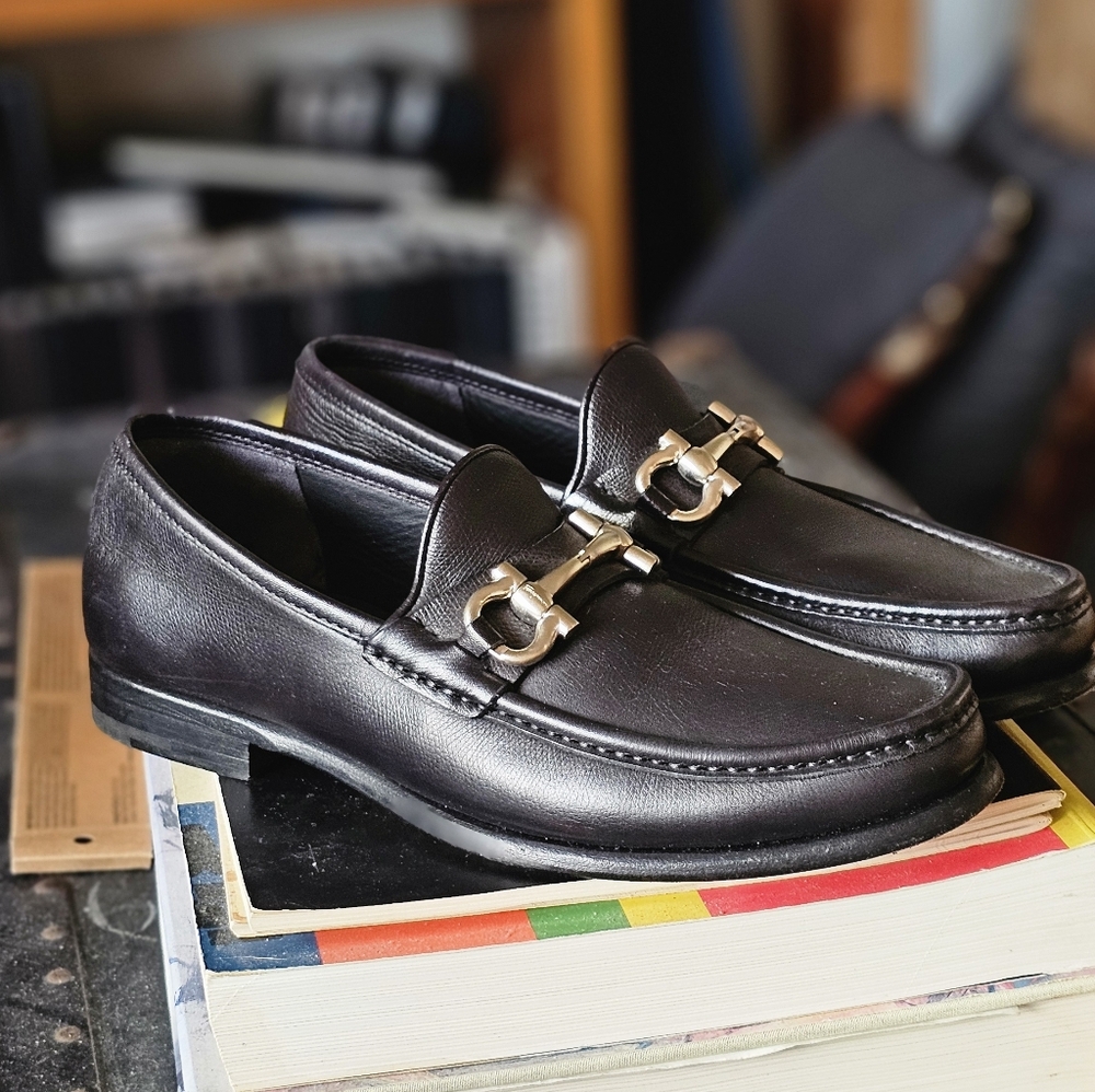 Salvatore Ferragamo Black Moccasin Loafers With Gancini Buckle